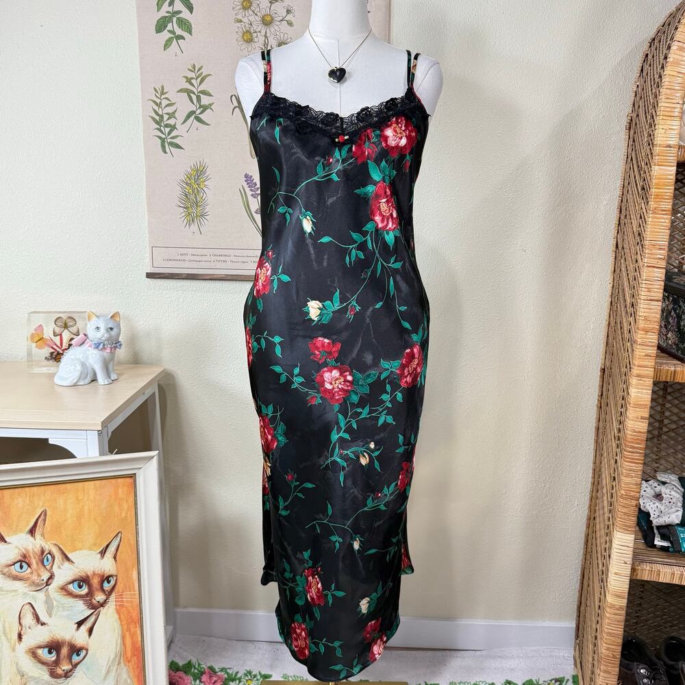 90s Y2k Floral Satin Backless Slip Dress Dark Romantic Goth Sexy Femme Fairy M
